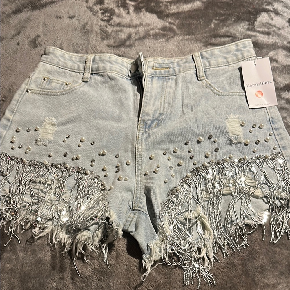 Light Blue Denim Shorts with Fringe